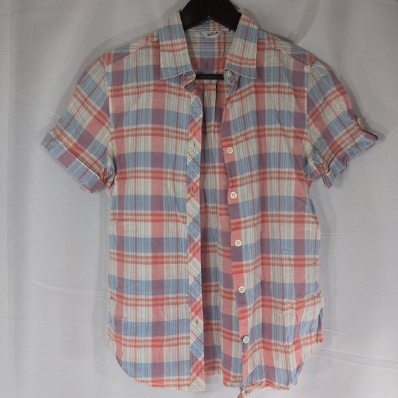 Woolrich Plaid Short Sleeve Blouse Button Up Shirt Collar Pink Blue Women's XS - Picture 2 of 13